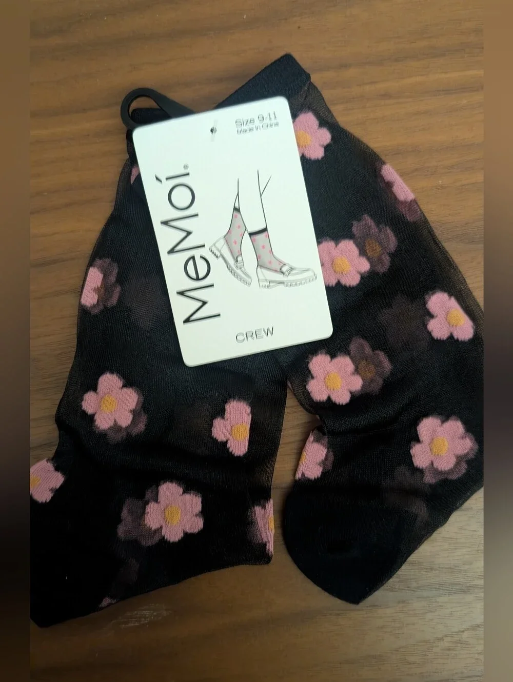 MeMoi Daisy Sheer Black Floral Crew Socks NWT